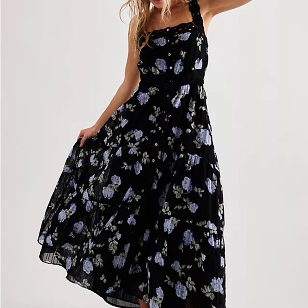 Free People Morning Meadow Black and Blue Maxi Dress